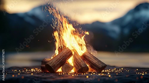 Warm Campfire with Flying Sparks in a Serene Mountain Landscape at Dusk