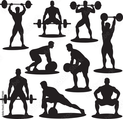 Silhouette of men exercising with dumbbells and weights in various poses