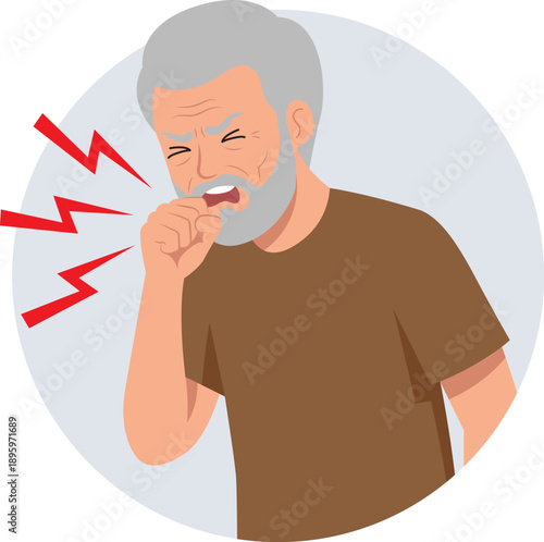 Illustration of an elderly man coughing severely with red jagged action lines