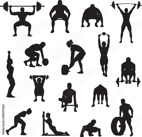 Silhouette of people exercising with dumbbells and barbells  fitness and workout