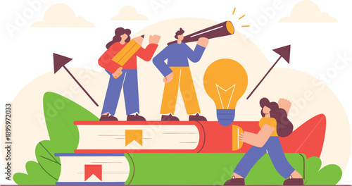 Creative teamwork learning concept with books knowledge and innovation illustration