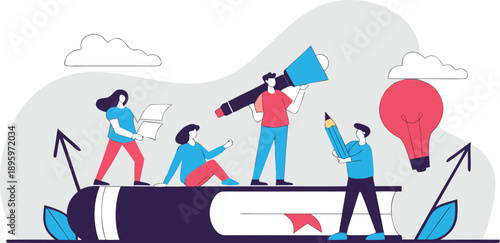 Creative teamwork education concept with people learning innovation and idea illustration
