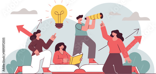 Teamwork education concept with people developing ideas and business growth illustration