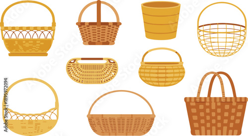 Traditional Wicker Baskets Collection – Handmade Bamboo and Straw Storage Vectors