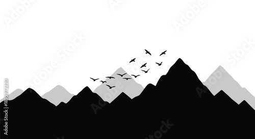 Flock of birds flying over mountain range silhouette vector