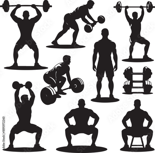 Silhouette of various gym exercises with weights and barbells  fitness and strength training
