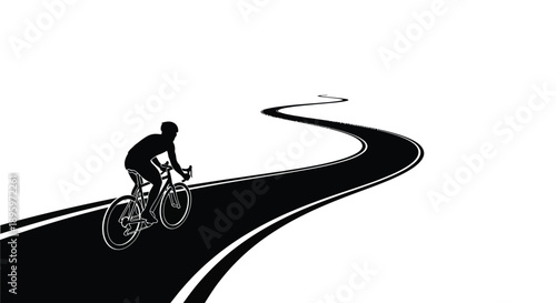 Cyclist riding on winding road perspective silhouette vector