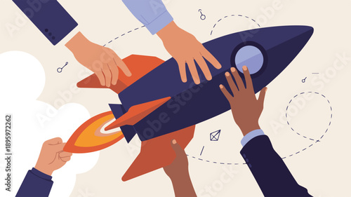 Hands launching rocket ship into the air teamwork collaboration