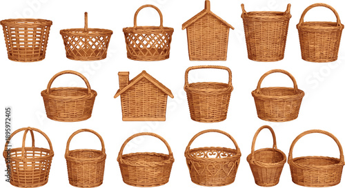 Comprehensive collection of brown wicker basket vector illustrations in various shapes including round oval and house styles isolated on white background for rustic picnic garden storage design