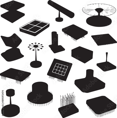 silhouette of various microchip and microprocessor components  electronic parts
