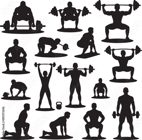 silhouettes of men exercising with weights and dumbbells in various positions