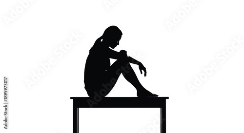 Sad woman sitting on table silhouette vector loneliness concept