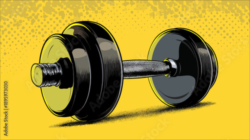 A pop-art style illustration of a dumbbell with a textured handle on a bright yellow backdrop