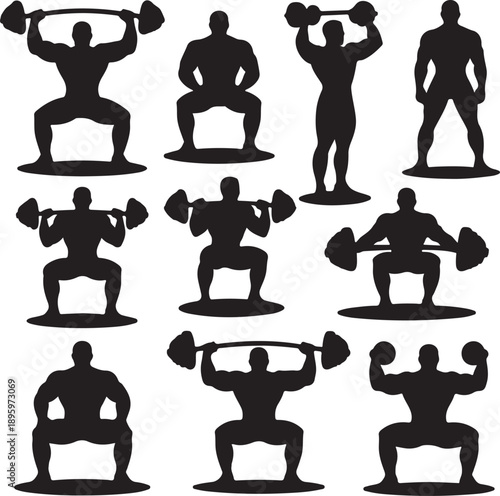 Silhouettes of men lifting weights in various poses
