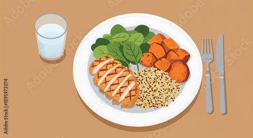 Healthy Balanced Meal with Grilled Chicken Spinach Quinoa and Sweet Potatoes