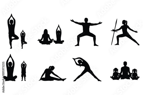 Collection of diverse yoga and meditation poses with adults and children in various stretching exercises and relaxation postures isolated on transparent background