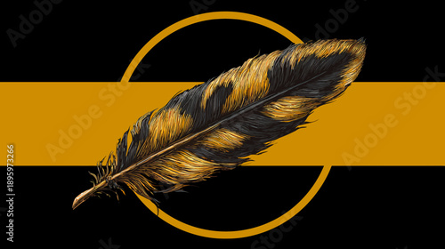 A detailed illustration of a feather with black and gold hues over a geometric background