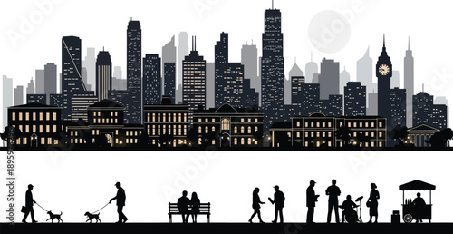 City skyline silhouette with people in park vector illustration