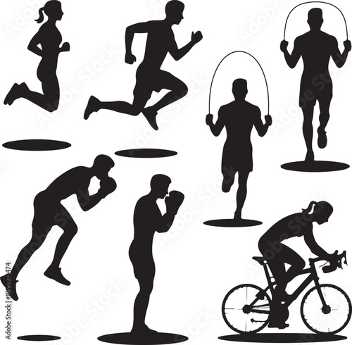 silhouettes of people exercising in various sports and fitness activities
