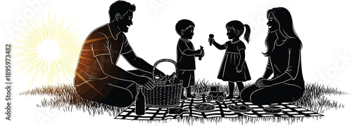 Family having a picnic on grass at sunset silhouette vector