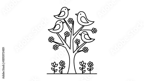 Three Birds Sitting on a Tree.