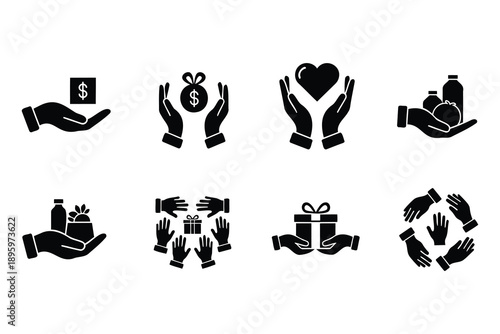 Collection of minimalist hand icons holding various objects representing charity donation and support concepts