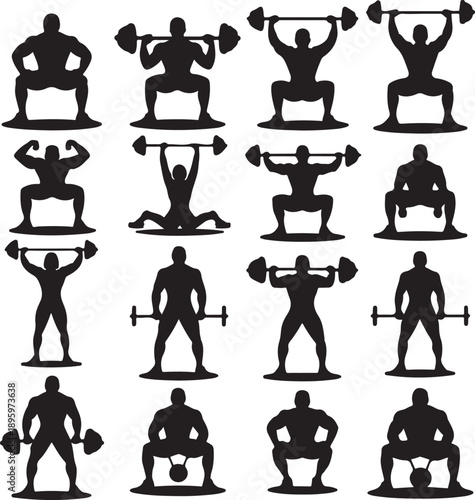 Silhouettes of people exercising with dumbbells and barbells