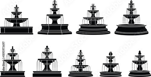 Decorative fountain silhouettes collection featuring classic tiered water fountains, garden and park architecture elements, elegant black vector illustration set for landscape design