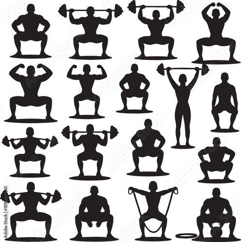 Silhouettes of people exercising with weights and equipment at gym  various fitness poses