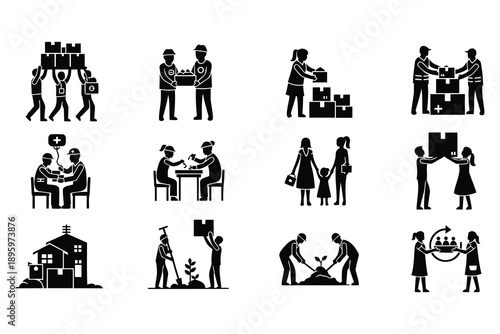 Collection of minimalist silhouette icons depicting community support and teamwork activities including delivery aid medical assistance and collaborative work
