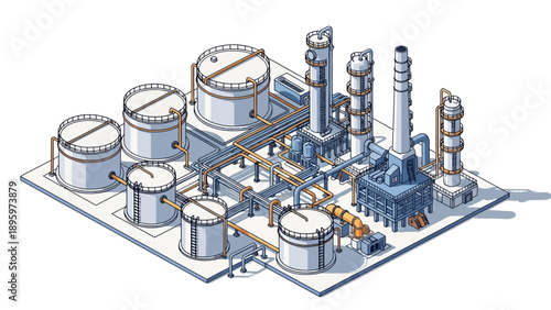 Isometric vector illustration of an oil refinery or chemical plant.