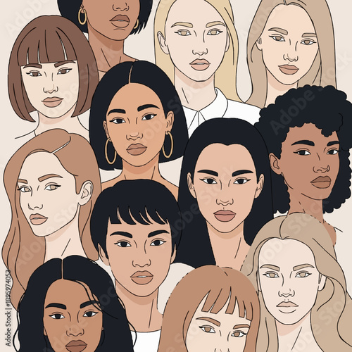 An empowering illustration showcasing a diverse group of women from various backgrounds, celebrating unity, inclusion, and global sisterhood with different skin tones and hair styles