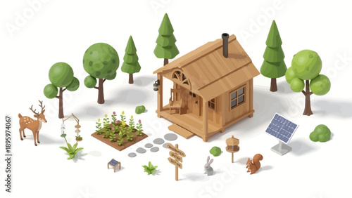 Cozy wooden cabin in a serene forest with diverse wildlife and nature elements.