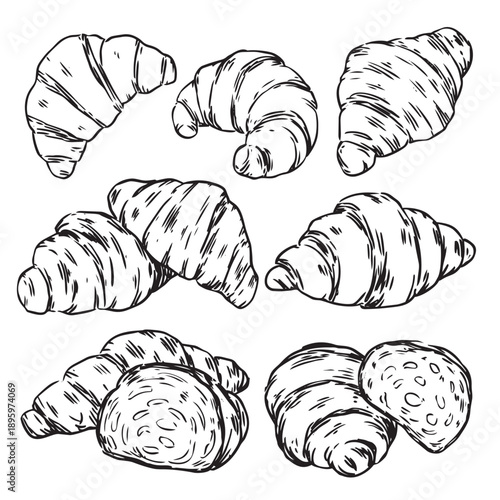 Set of hand drawn Croissant Pastry outline drawing illustration