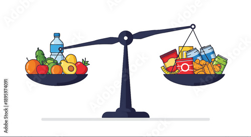 Healthy vs Unhealthy Food Choices on a Balance Scale Vector Illustration