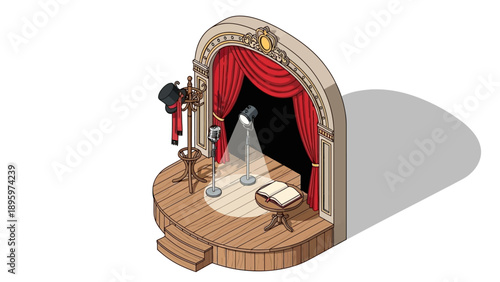 Retro theater stage with microphone and spotlight