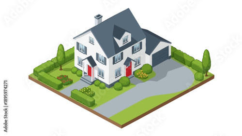 Isometric Illustration of a Modern Suburban House with Landscaping