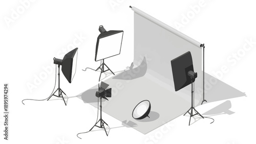 Isometric Photography Studio Setup with Professional Lighting Equipment