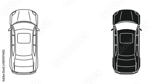 Top view of a car in outline and filled illustration