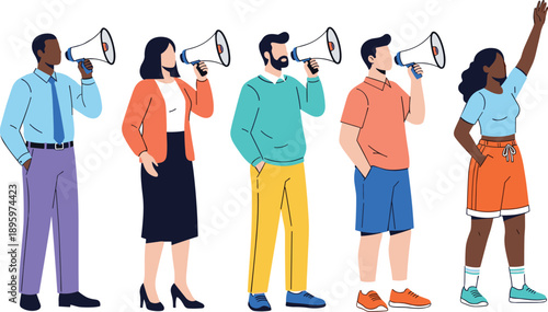 Flat illustration of diverse people using megaphones, group communication concept, activism and announcement theme, multicultural crowd speaking out together, modern vector design