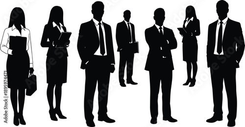 Silhouette Group Of Business Professionals Men And Women In Formal Attire On White Background Keywords: business, professionals, silhouettes, group, men, women, formal