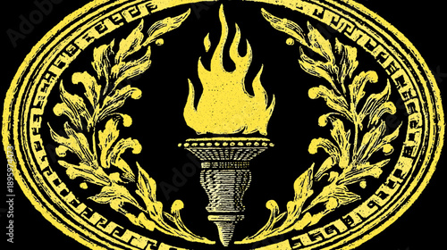 A heraldic emblem featuring a central torch with flames encircled by laurel leaves and decorative border