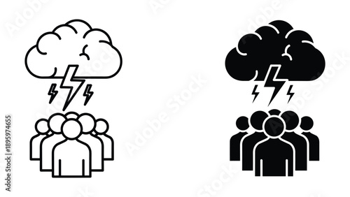 Group of people facing stormy weather with lightning