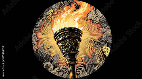 A burning torch with flames and a detailed metallic design with a city silhouette behind it