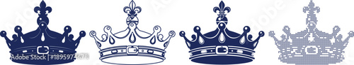 Crown simple line icon with detailed and dotted versions