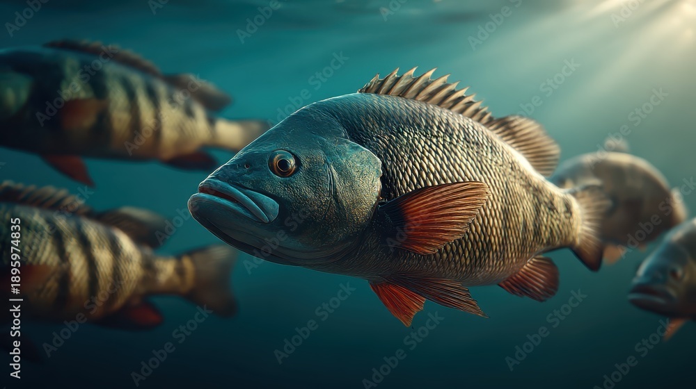 Fototapeta premium School of Fish Swim Together in Deep Blue Ocean Waters Sunlight Above