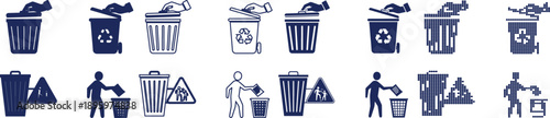 Collection of blue trash cans and recycling icons vector set