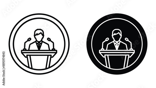 Man standing at podium with microphone icon set