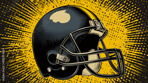 A stylized illustration of a football helmet with a yellow stripe against a yellow burst background