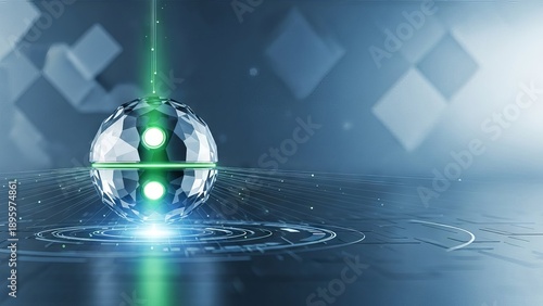 Futuristic Crystal Sphere Emitting Green Light With Digital Network Connections